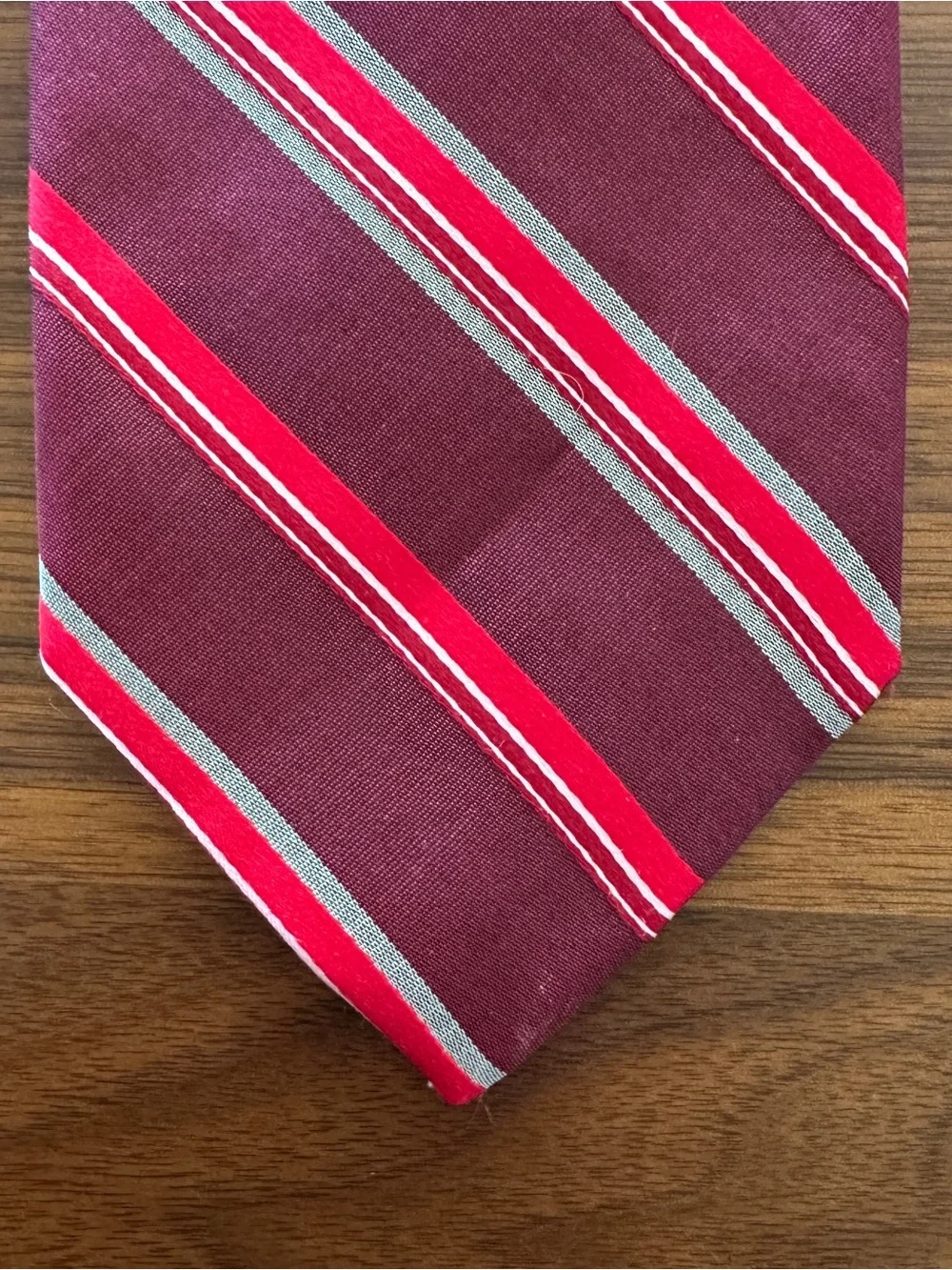 J. Crew Burgundy Tie with Red and Silver Stripes